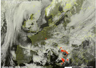 Satellite showing the weather in Europe on February 28, with cloud cover across Vienna and some storms in areas of the Mediterranean (red squares). Delegates can expect a 'quiet' week in regards to weather, with little fluctuation in temperature. Satellite image courtesy of Sat24.com.