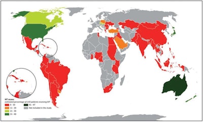 Estimated percentages of patients with large vessel occlusion (LVO) receiving mechanical thrombectomy (MT) are denoted by color. Image and caption courtesy of Circulation through CC BY 4.0.