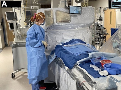 The Protego shield in clinical operation. (A) Protego shield set up. (B) In clinical use. The shield casts a broad area of protection that may benefit all catheterization laboratory personnel. Image and caption courtesy of the Journal of the Society for Cardiovascular Angiography and Interventions through CC BY 4.0.