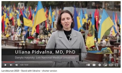 The video features Dr. Uliana Pidvalna, PhD, and other Ukrainian doctors.