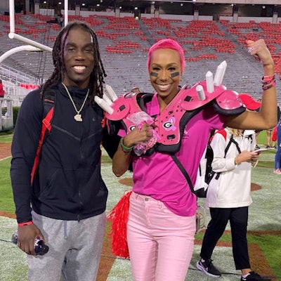NFL cornerback Kelee Ringo (left) and his mother (right), breast cancer survivor Tralee Hale. Image and caption courtesy of Hologic.