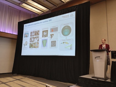 Bettina Baessler, MD, from University Hospital Würzburg in Germany gives a keynote presentation on the state of MR radiomics at the ISMRM annual meeting in Toronto. Image by Amerigo Allegretto.