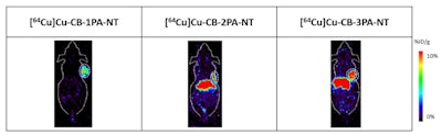 Representative PET imaging shows three leading compounds in lung cancer tumors in mouse models at 24 hours post injection at 10 %ID/g scale. Images courtesy of SNMMI.