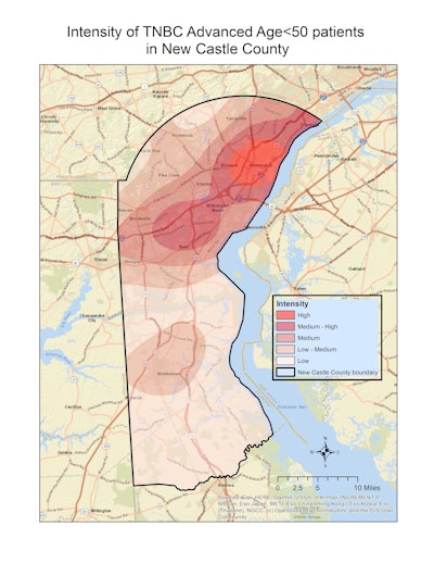 Delaware leads the U.S. in the incidence of triple-negative breast cancer and advanced breast cancer diagnosed at a younger age, ChristianaCare researchers highlighted. Areas of higher intensity, which are visualized in this map with brighter shades of red, have higher historical rates of triple-negative breast cancer diagnosed at an advanced stage among women younger than 50 years relative to other areas within New Castle County, Delaware.
