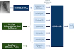 A schematic illustration of the AI systems (dark blue boxes) used in this study. The green boxes indicate a point-of-care blood test procedure. The pale blue boxes indicate numeric values which are inputs or outputs of the systems as shown. The COVID-LAB+ system does not require all the indicated inputs to be present. Image courtesy of Scientific Reports.
