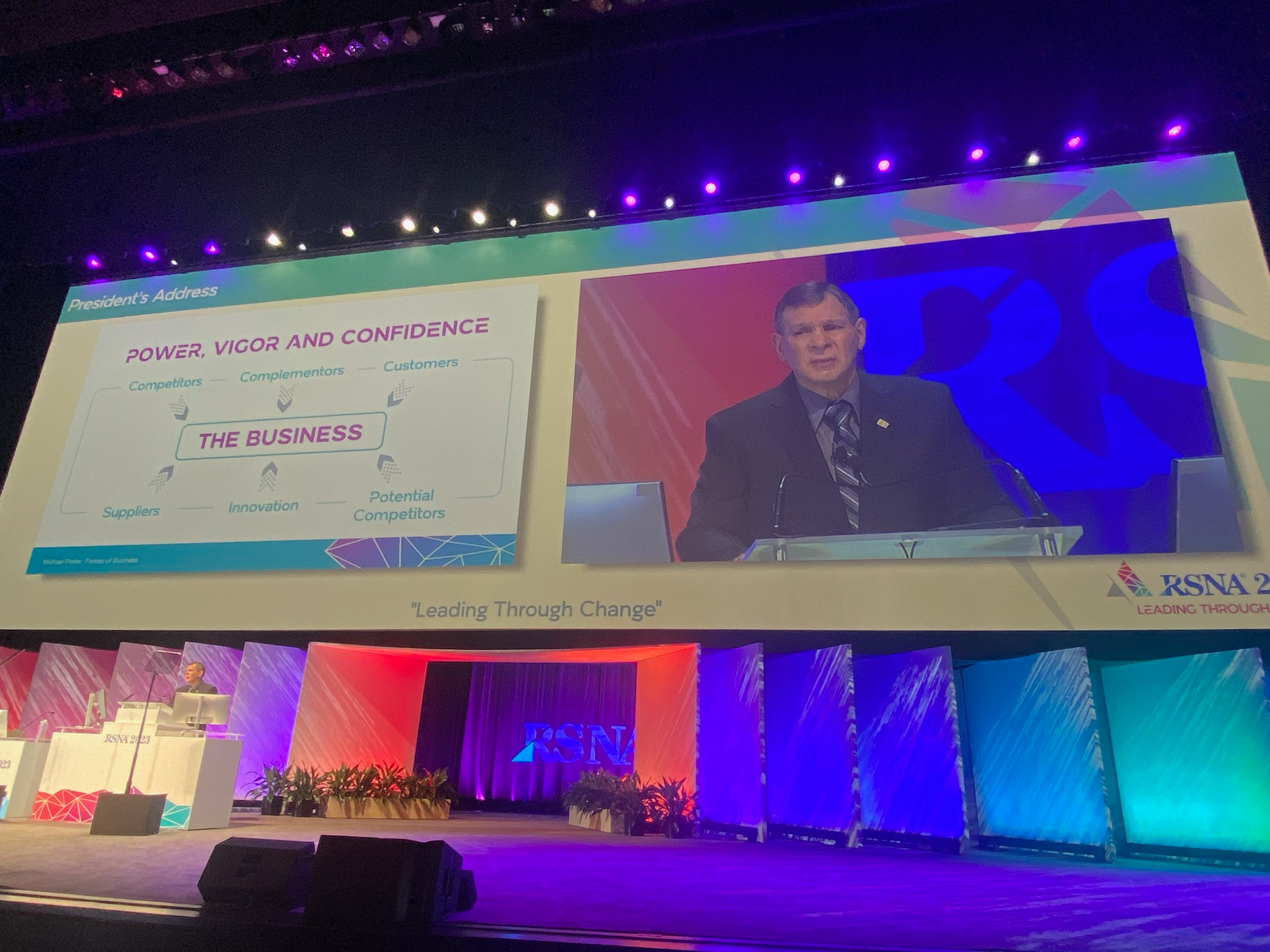 RSNA President Matthew Mauro, MD, issues the president's address at the association's 2023 annual meeting. Mauro encouraged radiology leaders to be open to change for the field to grow and progress into a tech-filled future.