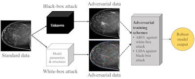 An illustration of two types of adversarial attacks on breast imaging diagnosis. Adversarial noise applied in white-box attacks and adversarial samples produced by generative adversarial networks in black-box attacks can fool a deep learning diagnostic model to give wrong output, according to University of Pittsburgh researchers. The researchers have proposed two security schemes, called ARFL and LIDA, to make the models robust and resilient to adversarial attacks. (Image courtesy of Shandong Wu, PhD, Pittsburgh Center for AI Innovation in Medical Imaging)