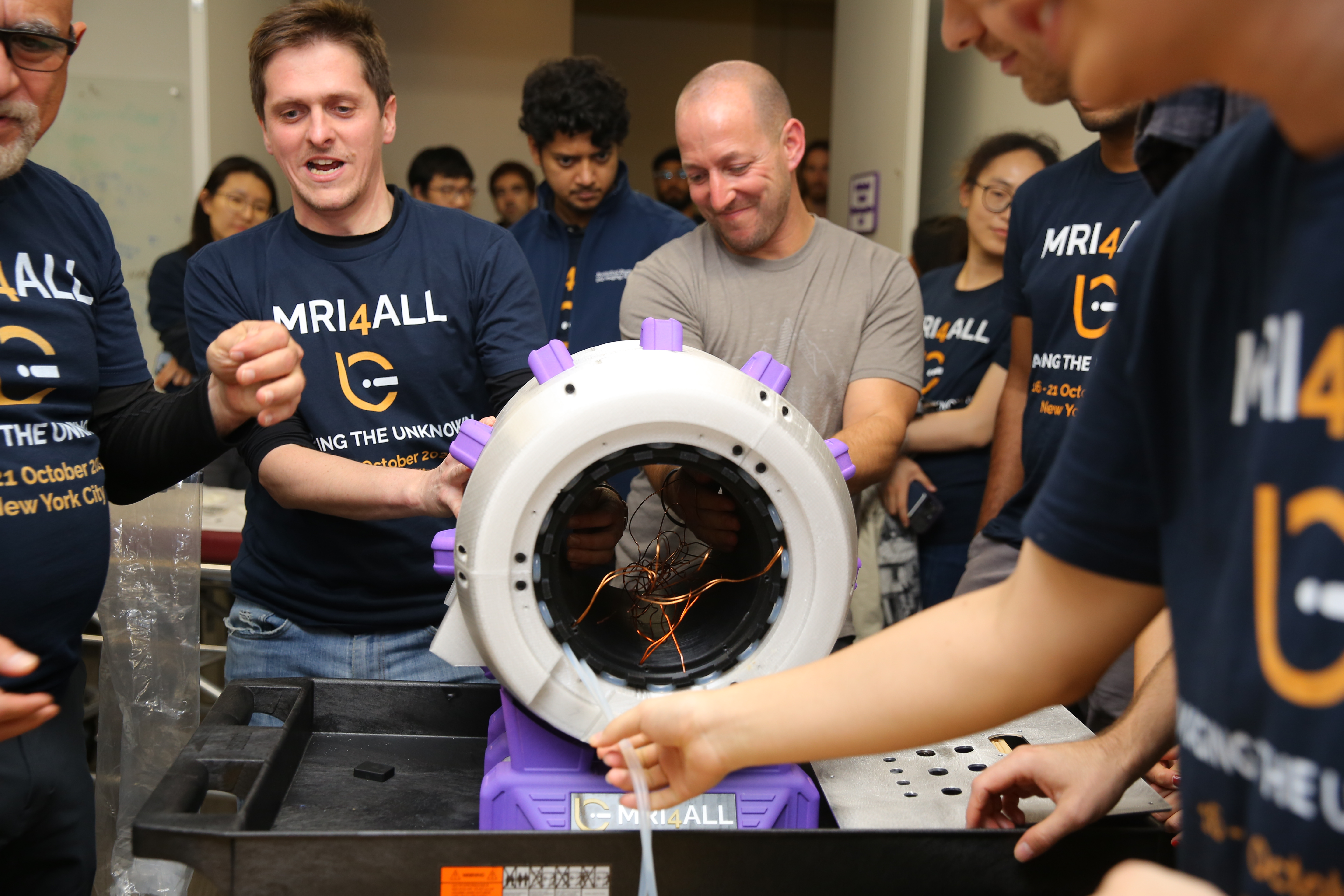More than 50 researchers convened for the inaugural MRI4ALL Hackathon to assemble a low-cost functional MRI scanner in only four days. Photo courtesy of NYU Langone.