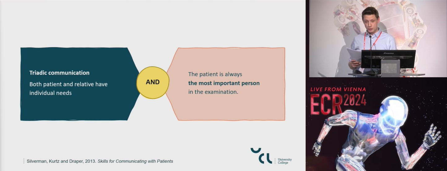 Uffe Jakobsen from UCL University College in Denmark gives a presentation at ECR 2024 explaining how radiologists can better communicate with elderly patients. In this slide, he talks about triadic communication with elderly patients and their accompanying relatives.