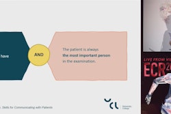 Uffe Jakobsen from UCL University College in Denmark gives a presentation at ECR 2024 explaining how radiologists can better communicate with elderly patients. In this slide, he talks about triadic communication with elderly patients and their accompanying relatives.