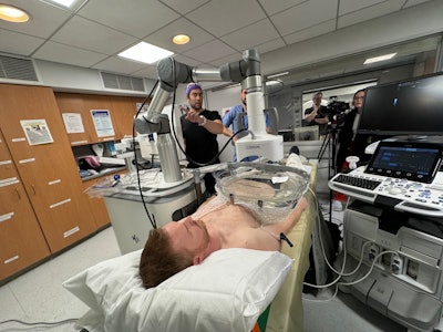 Mikhail Silk, MD, an interventional radiologist at NYU Langone Health, leads a mock session in the setup of focused ultrasound histotripsy procedures now available through Perlmutter Cancer Center in New York City. Photo courtesy of NYU Langone Health.