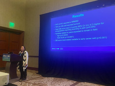 Jennifer Bagley from the University of Oklahoma Health Sciences Center presents results at UltraCon suggesting that work-related musculoskeletal disorders are tied to burnout among sonographers.