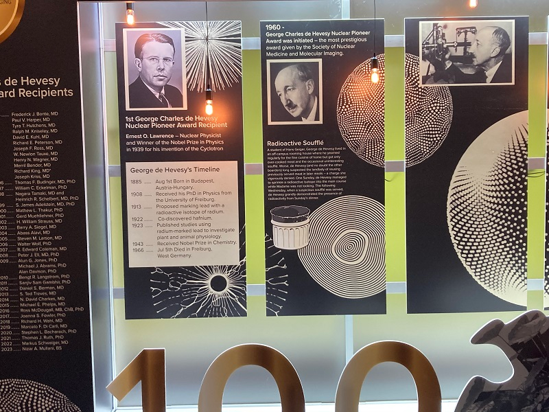 A close-up of the exhibit on the 100-year anniversary of the use of radiotraceres.
