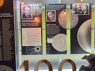 A close-up of the exhibit on the 100-year anniversary of the use of radiotraceres.