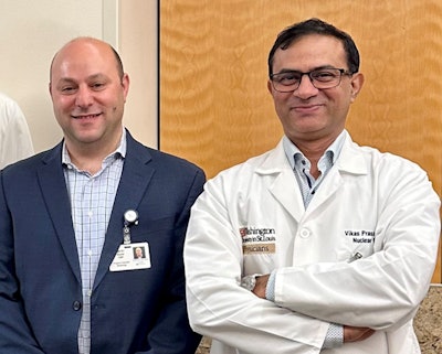 Nuclear medicine technologist and theranostics practice administrator Dmitry Beyder (left) and Vikas Prasad, MD, PhD (right), lead the theranostics center at Barnes-Jewish Hospital/Washington University in Saint Louis, MO. Image courtesy of Washington University.