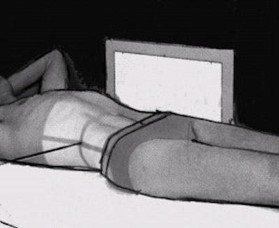 Lateral abdomen, left dorsal decubitus position (cross-table projection). Image courtest of Naveed Ahmad, MD. Reprinted from Merrill’s Atlas of Radiographic Positions and Radiologic Procedures, 9th edition, Ballinger and Frank, page 50 (figure 16-19), copyright 1999 Mosby, with permission from Elsevier Science.