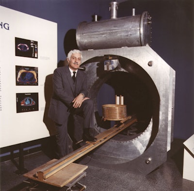 Raymond Vahan Damadian, MD, with the machine he named 'Indomitable' at the Smithsonian Institution Exhibit in 1986. Image courtesy of Fonar.