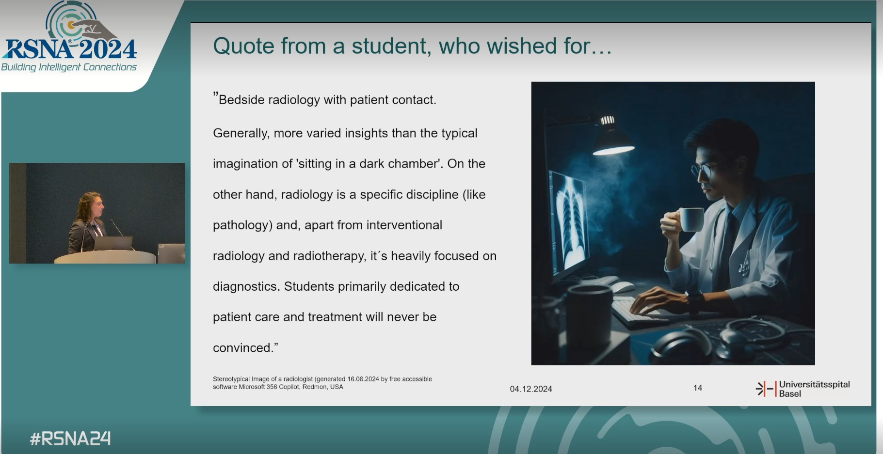 Magdalena Seng, MD, presents survey findings at RSNA 2024 showing the attitudes and perceptions of medical students when it comes to careers in radiology.