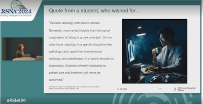 Magdalena Seng, MD, presents survey findings at RSNA 2024 showing the attitudes and perceptions of medical students when it comes to careers in radiology.