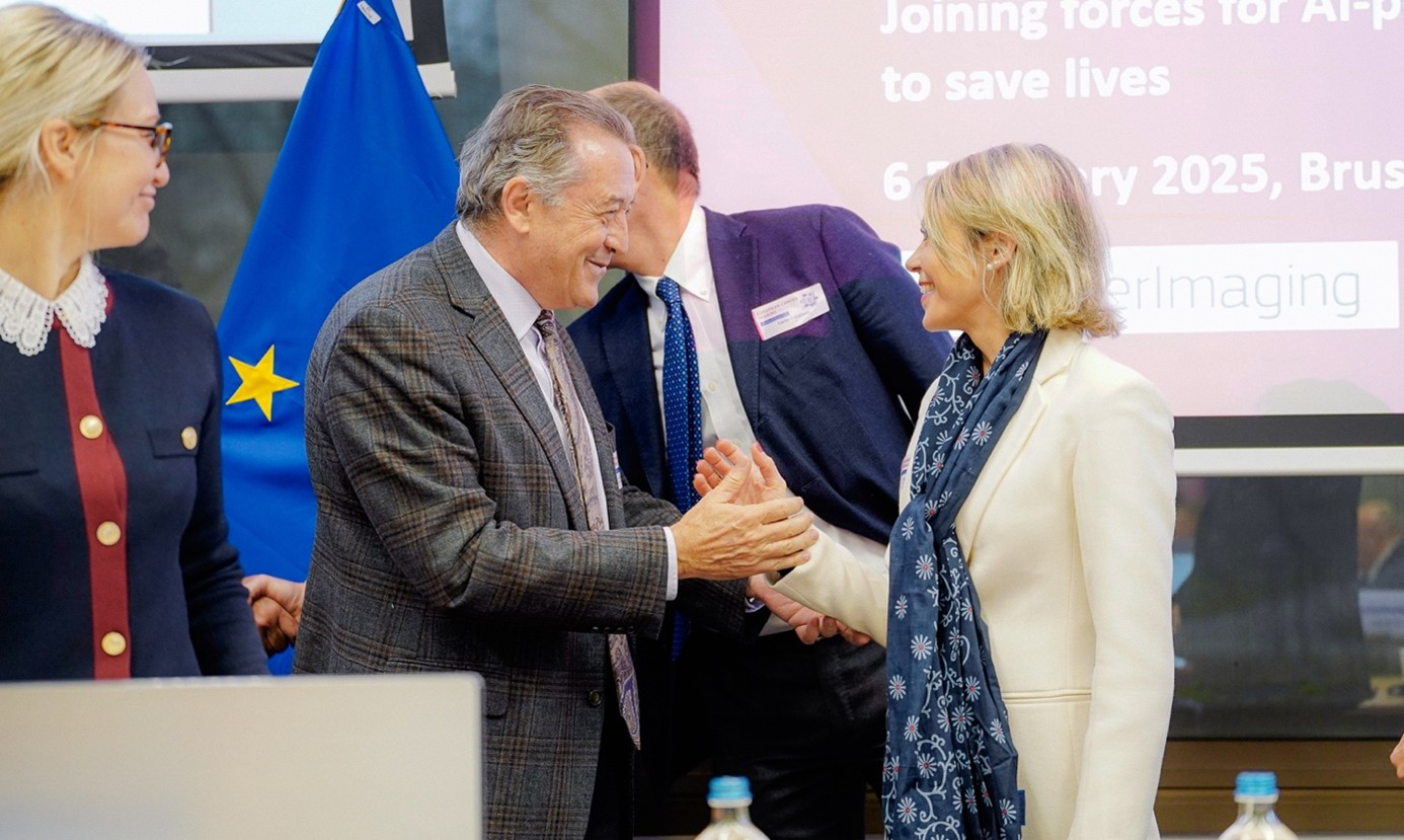 From the right: Lorena Boix-Alonso, deputy director general of EC DG SANTE; Prof. Luis Mart&iacute;-Bonmat&iacute;; and Christiane Kirketerp de Viron, acting director, Digital Society, Trust and Cybersecurity, EC DG CNECT. Photo courtesy of EUCAIM.