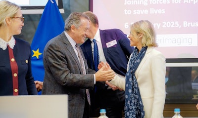From the right: Lorena Boix-Alonso, deputy director general of EC DG SANTE; Prof. Luis Martí-Bonmatí; and Christiane Kirketerp de Viron, acting director, Digital Society, Trust and Cybersecurity, EC DG CNECT. Photo courtesy of EUCAIM.