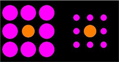 The Ebbinghaus illusion: The central circle surrounded by smaller outer circles is usually perceived as bigger. Image and caption available for republishing under Creative Commons license (CC BY 4.0 DEED, Attribution 4.0 International) and courtesy of Scientific Reports.