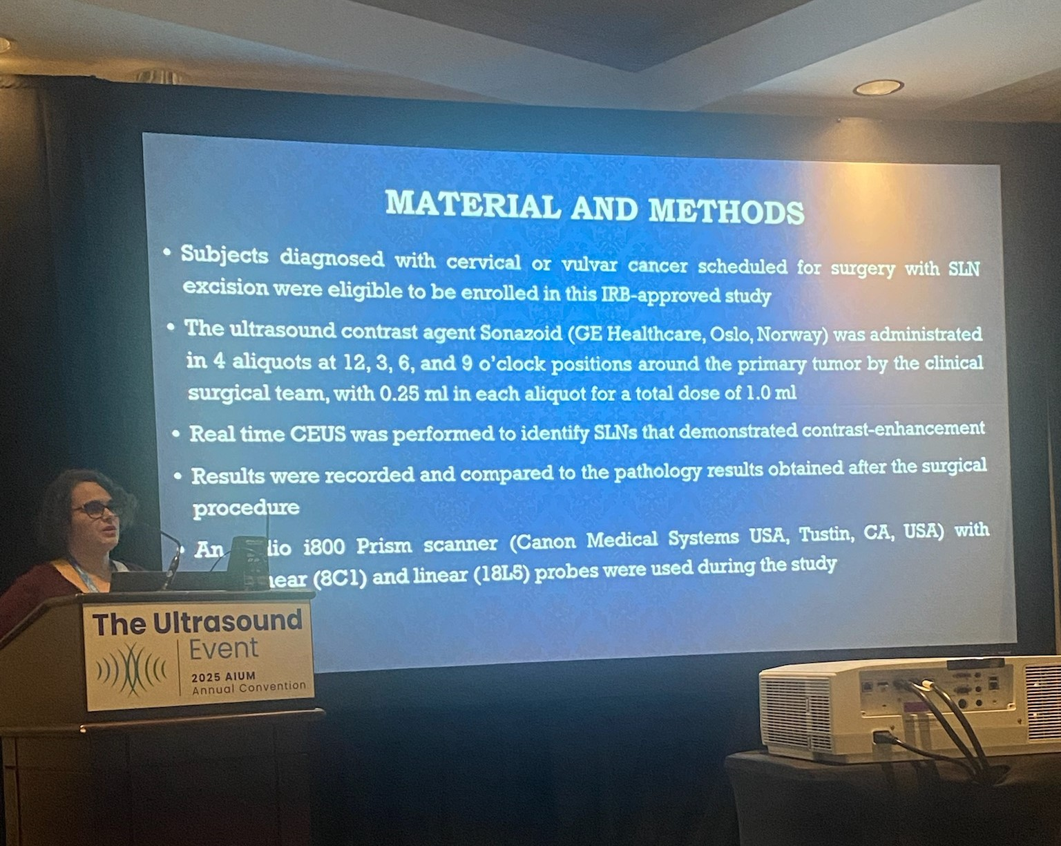 Priscilla Machado, MD, presents her team's research at AIUM 2025, showing how lymphosonography can be a useful tool in assessing sentinel lymph nodes (SLNs) in women with cervical or vulvar cancer.