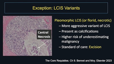 Amie Lee, MD, presented at ARRS 2025 on managing 'controversial' high-risk breast lesions diagnosed on core needle biopsy. This slide outlines how to manage pleomorphic lobular carcinoma in situ (LCIS) via surgical excision.