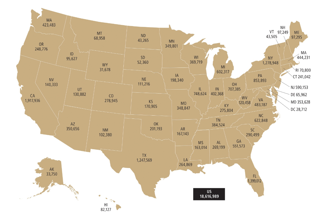 Estimated numbers of survivors of cancer in the U.S. by state as of January 1, 2025.