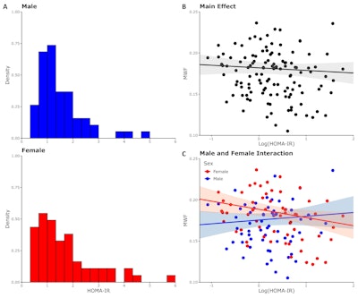 Associations between insulin resistance and MWF. (A) Distribution of insulin resistance, stratified by sex. (B) Regression analysis of whole-brain MWF vs. log (HOMA-IR), adjusted for age and age². Shaded regions indicate 95% confidence intervals. (C) Regression analysis of whole-brain MWF vs. log (HOMA-IR), adjusted for age, age², sex, and log (HOMA-IR) sex. Graphics and caption courtesy of Nathan Zhang, PhD, and the ISMRM.