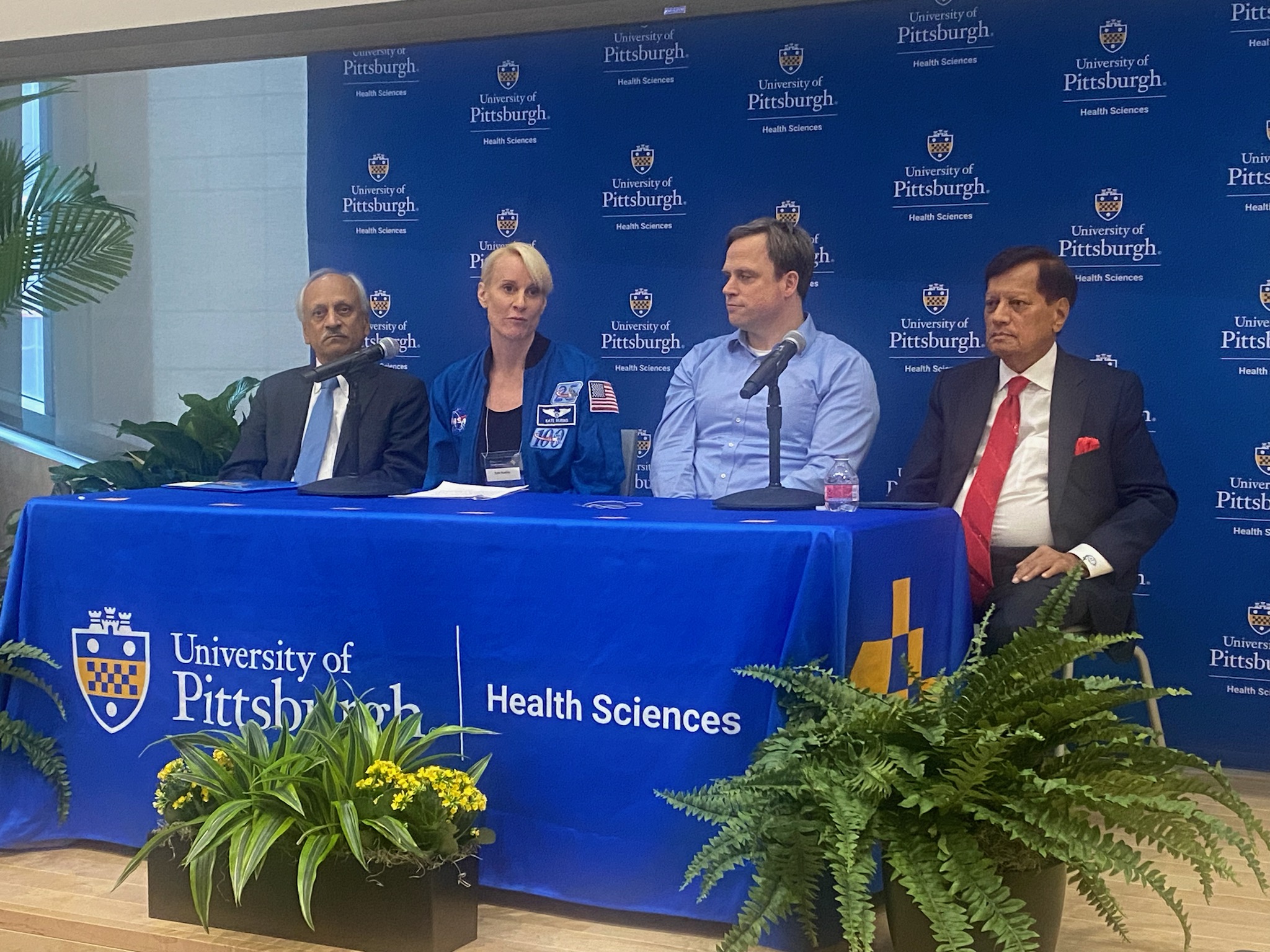 Medical leaders at the University of Pittsburgh discuss the launch of the Trivedi Institute for Space and Global Biomedicine. From left to right: Anantha Shekhar, MD, PhD, senior vice chancellor for the health sciences and John and Gertrude Petersen Dean, School of Medicine; Katie Rubins, PhD, founding director of the institute; Christopher Mason, PhD, visiting adjunct professor of surgery at Pitt; and Ashok Trivedi, a Pittsburgh-based entrepreneur, investor, and philanthropist who donated $25 million to the institute, which is named after him.