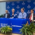 Medical leaders at the University of Pittsburgh discuss the launch of the Trivedi Institute for Space and Global Biomedicine. From left to right: Anantha Shekhar, MD, PhD, senior vice chancellor for the health sciences and John and Gertrude Petersen Dean, School of Medicine; Katie Rubins, PhD, founding director of the institute; Christopher Mason, PhD, visiting adjunct professor of surgery at Pitt; and Ashok Trivedi, a Pittsburgh-based entrepreneur, investor, and philanthropist who donated $25 million to the institute, which is named after him.