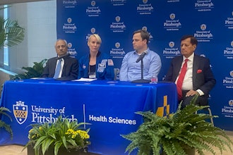 Medical leaders at the University of Pittsburgh discuss the launch of the Trivedi Institute for Space and Global Biomedicine. From left to right: Anantha Shekhar, MD, PhD, senior vice chancellor for the health sciences and John and Gertrude Petersen Dean, School of Medicine; Kate Rubins, PhD, founding director of the institute; Christopher Mason, PhD, visiting adjunct professor of surgery at Pitt; and Ashok Trivedi, a Pittsburgh-based entrepreneur, investor, and philanthropist who donated $25 million to the institute, which is named after him.