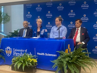 Medical leaders at the University of Pittsburgh discuss the launch of the Trivedi Institute for Space and Global Biomedicine. From left to right: Anantha Shekhar, MD, PhD, senior vice chancellor for the health sciences and John and Gertrude Petersen Dean, School of Medicine; Katie Rubins, PhD, founding director of the institute; Christopher Mason, PhD, visiting adjunct professor of surgery at Pitt; and Ashok Trivedi, a Pittsburgh-based entrepreneur, investor, and philanthropist who donated $25 million to the institute, which is named after him.