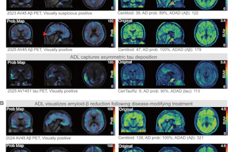 Adversarial decomposition learning (ADL) enables intuitive, longitudinal visualization of disease progression and treatment response, supporting clinician–artificial intelligence collaboration. (A) Images in a 48-year-old female patient who presented with mild cognitive impairment. The ADL probability maps highlighted occipital-temporal amyloid β (Aβ) spread and focal left-temporal tau pathologic abnormalities. An area of increased occipital AV45 uptake is shown (arrowhead). (B) Images in a 51-year-old male who presented with memory decline. For each image grid, the left side is the decoupler-output AD pathologic probability map, the upper right side is the original Aβ/tau PET image, and the lower right side is the image after AD component removal by the decoupler.