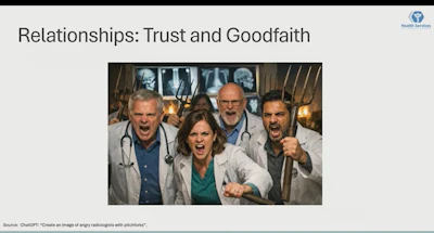 A ChatGPT-generated slide presented by Jack Brunner, MD, at ARRS on April 12, as he described fielding a flood of calls and messages from colleagues over Katz's comment.