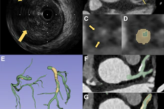 Two representative cases demonstrate the performance of PlaqueSegNet for coronary plaque segmentation. (A–D) Coronary CT angiography (CCTA) and intravascular US (IVUS) images in a 65-year-old male patient with chest pain for two months show plaque. (A) Cross-sectional IVUS image shows a lipid-rich plaque (hypoechoic, arrows). (B) Axial and (C) cross-sectional CCTA images show the same plaque (low-attenuation area, yellow line and arrows) in the proximal left anterior descending artery. (D) PlaqueSegNet segmentation of the noncalcified plaque (yellow shading) and coronary lumen (green shading) in the cross-sectional image. (E–G) CCTA images in a 57-year old female patient with chest pain for three months show multiple plaques. (E) Volume-rendered CCTA image of the coronary tree shows PlaqueSegNet plaque segmentation (yellow) in the right and left coronary arteries. (F, G) PlaqueSegNet segmentation delineates a mixed plaque (yellow shading) and coronary lumen (green shading) in the left main artery and proximal-to-mid left anterior descending artery.
