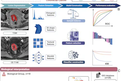 Overview of the study design, including data collection, radiomics model construction, and biologic interpretation. (A) The primary cohort for model development and evaluation in the training and internal test sets includes 168 patients with colorectal cancer (CRC) from center 1 (Fudan University Shanghai Cancer Center), whereas external testing was performed using data from 85 patients from centers 2 (Huashan Hospital, Fudan University) and 3 (Zhongshan Hospital, Fudan University). For model interpretation, RNA sequencing (RNA-seq) data from 18 patients with CRC in center 1 and single-cell data from 35 patients from the Gene Expression Omnibus (GEO) database are incorporated. Mismatch repair (MMR) protein expression, obtained from pathologic reports in electronic medical records (EMRs), was used to identify patients with consensus molecular subtype 1 (CMS1) CRC. Tissue microarrays (TMAs) from surgically obtained CRC tissues were analyzed for immunohistochemical staining of caudal-type homeobox 2 (CDX2), 5-hydroxytryptamine receptor 2B (HTR2B), FERM domain containing 6 (FRMD6), and zinc finger E-box binding homeobox 1 (ZEB1), and the results were subsequently entered into an online classification tool that assigned patients to CMS2, 3, or 4 subtypes. (B) Radiomics workflow for CMS4 prediction. Lesions were manually delineated on T2-weighted imaging (T2WI) and contrast-enhanced (CE) T1-weighted imaging (T1WI), followed by radiomics feature extraction. Feature selection and model development were performed in the training set using machine-learning algorithms with fivefold cross-validation for model selection, and the final model was evaluated in the internal and external test sets using receiver operating characteristic (ROC) curve analysis. (C) Transcriptomic interpretation workflow. Using the radiomics-predicted CMS4 classification, bulk RNA sequencing (RNA-seq) data were used to perform differential expression analysis between predicted CMS4 and non-CMS4 groups, followed by pathway enrichment analyses to assess biologic relevance. Public single-cell RNA sequencing data from the Gene Expression Omnibus database were then used for cell-type–level interrogation to support interpretation of the associated pathways.
