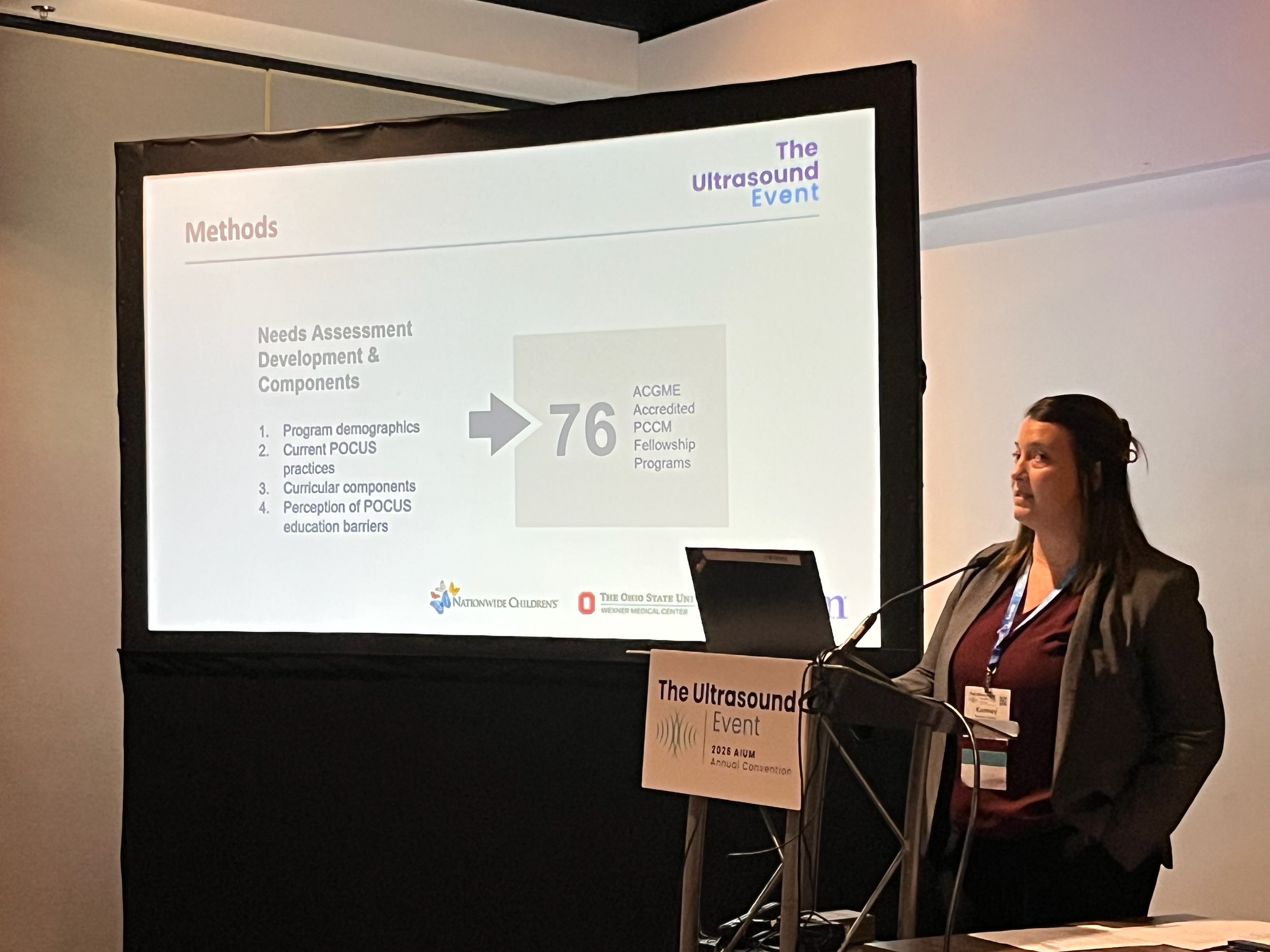 Kortney Weeks, MD, presents findings at AIUM 2026 showing how pediatric critical care programs use POCUS.