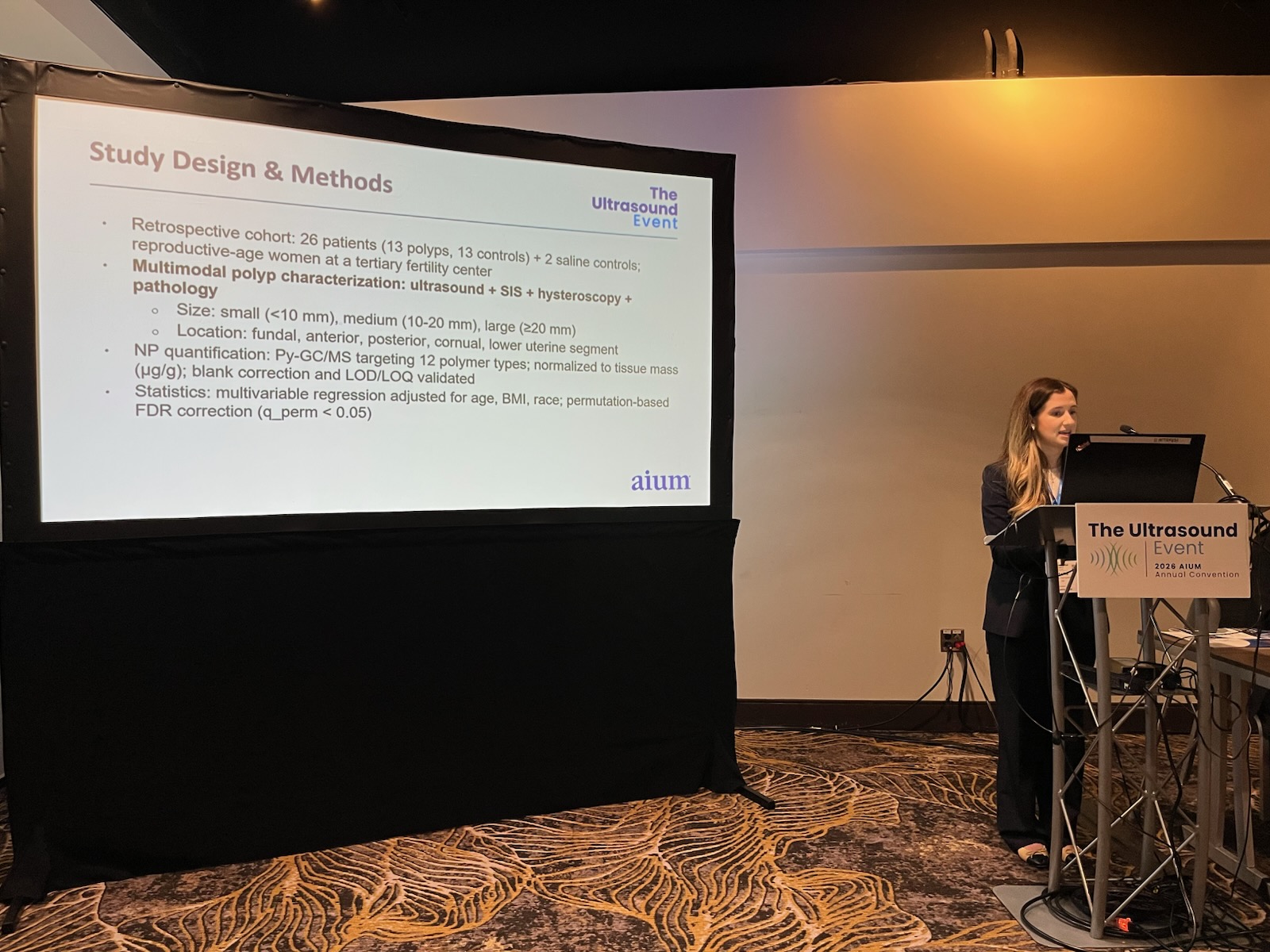 Hailie Ciomperlik, MD, from Baylor University presents her team's results at AIUM 2026, showing how a multimodal approach featuring ultrasound shows nanoplastic retention within endometrial polyps.