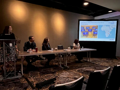 Hunter Wynkoop, MD, (far left) shares insights from her time working in Sub-Saharan Africa to bring ultrasound to low-resource settings. The other presenters include (from left to right): Michael Lintner-Rivera, MD, moderator Jennifer Nicholas, MD, and Yamilé Blain, MD.