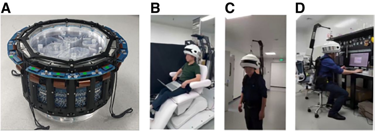 (A) System comprises detectors and silicon photomultipliers with custom Hoffman brain phantom. (B) Seated-position scanning. (C) Backpack system permitting data collection in ambulatory states. (D) Workstation scenario demonstrating natural seated use.