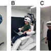 (A) System comprises detectors and silicon photomultipliers with custom Hoffman brain phantom. (B) Seated-position scanning. (C) Backpack system permitting data collection in ambulatory states. (D) Workstation scenario demonstrating natural seated use.
