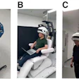(A) System comprises detectors and silicon photomultipliers with custom Hoffman brain phantom. (B) Seated-position scanning. (C) Backpack system permitting data collection in ambulatory states. (D) Workstation scenario demonstrating natural seated use.
