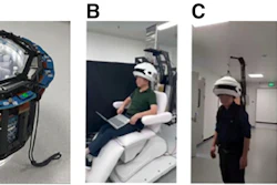 (A) System comprises detectors and silicon photomultipliers with custom Hoffman brain phantom. (B) Seated-position scanning. (C) Backpack system permitting data collection in ambulatory states. (D) Workstation scenario demonstrating natural seated use.