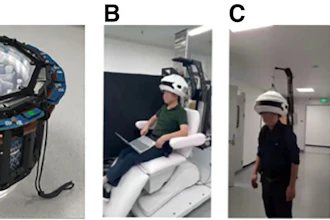 (A) System comprises detectors and silicon photomultipliers with custom Hoffman brain phantom. (B) Seated-position scanning. (C) Backpack system permitting data collection in ambulatory states. (D) Workstation scenario demonstrating natural seated use.