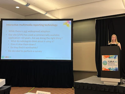 Annabelle Gaskin presents her team's survey study at SIIM 2026 showing that most radiologists reported positive attitudes toward interactive multimedia reporting.