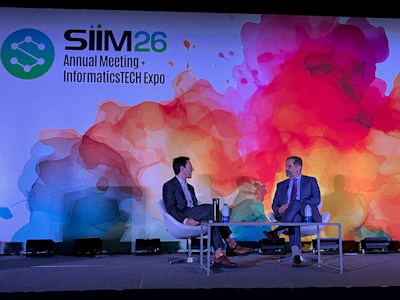 Jason Funderburk, MD (right), shares his thoughts on image sharing, AI, and what emerging technologies will bring in the near future in a fireside chat with incoming SIIM board chair Alex Towbin, MD (left).