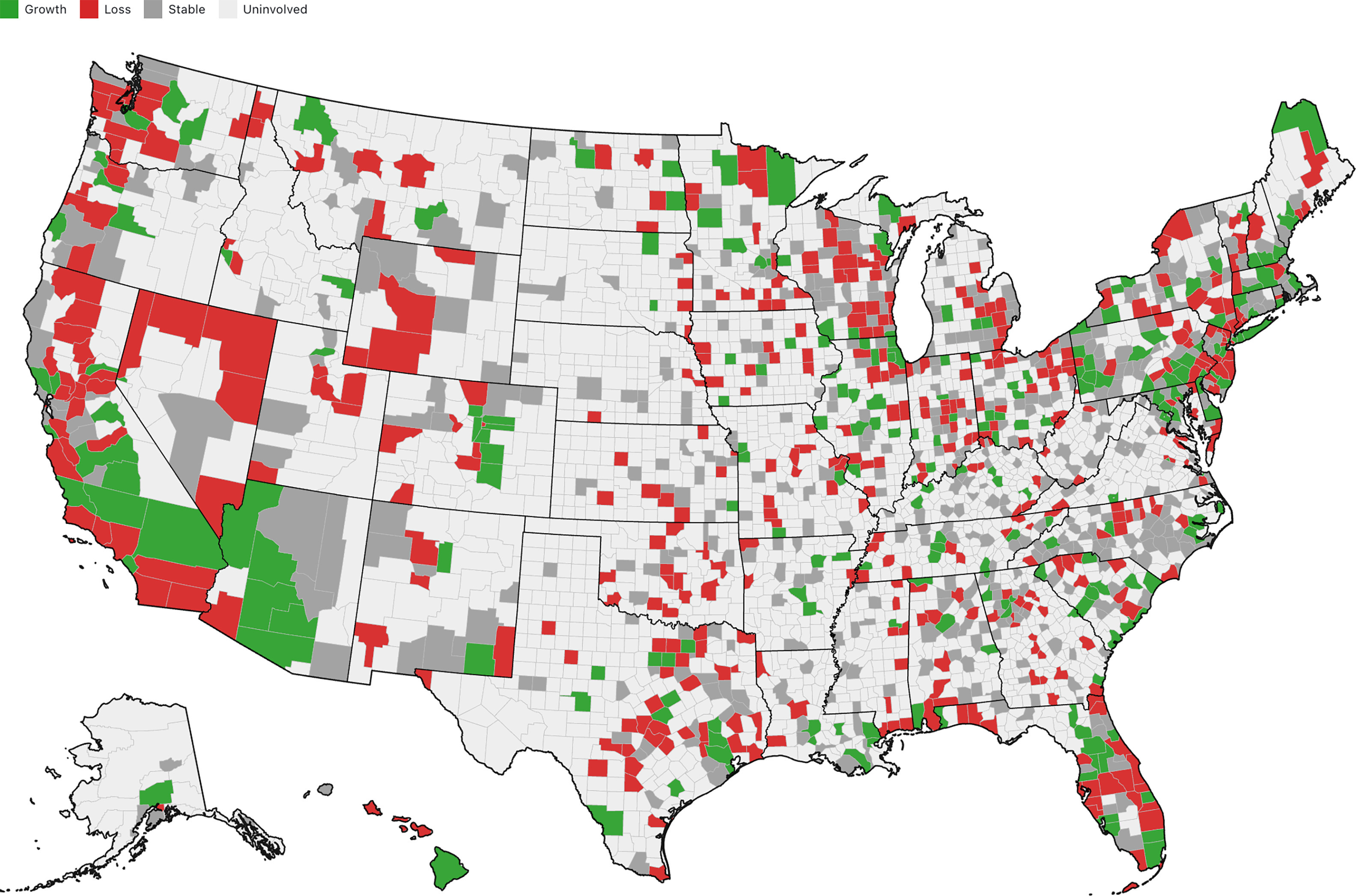 County-level net change in radiation oncology practice sites from first appearance through 2025.