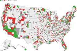 County-level net change in radiation oncology practice sites from first appearance through 2025.